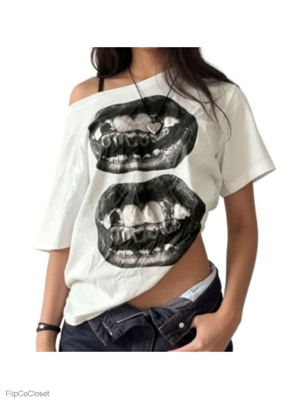 Women's Off The Shoulder Oversized Graphic T-Shirt Lips Print Y2K Tee
